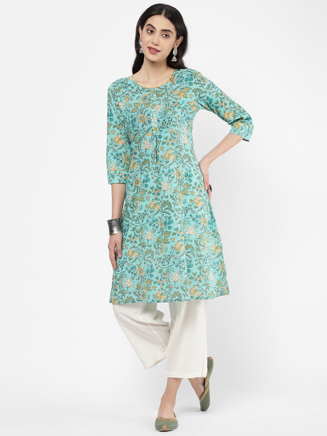 

R&B Round Neck Floral Woven Design Cotton Kurta, Blue