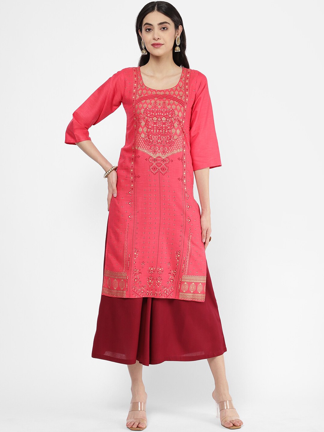 

R&B Ethnic Motifs Printed Straight Regular Cotton Kurta, Peach