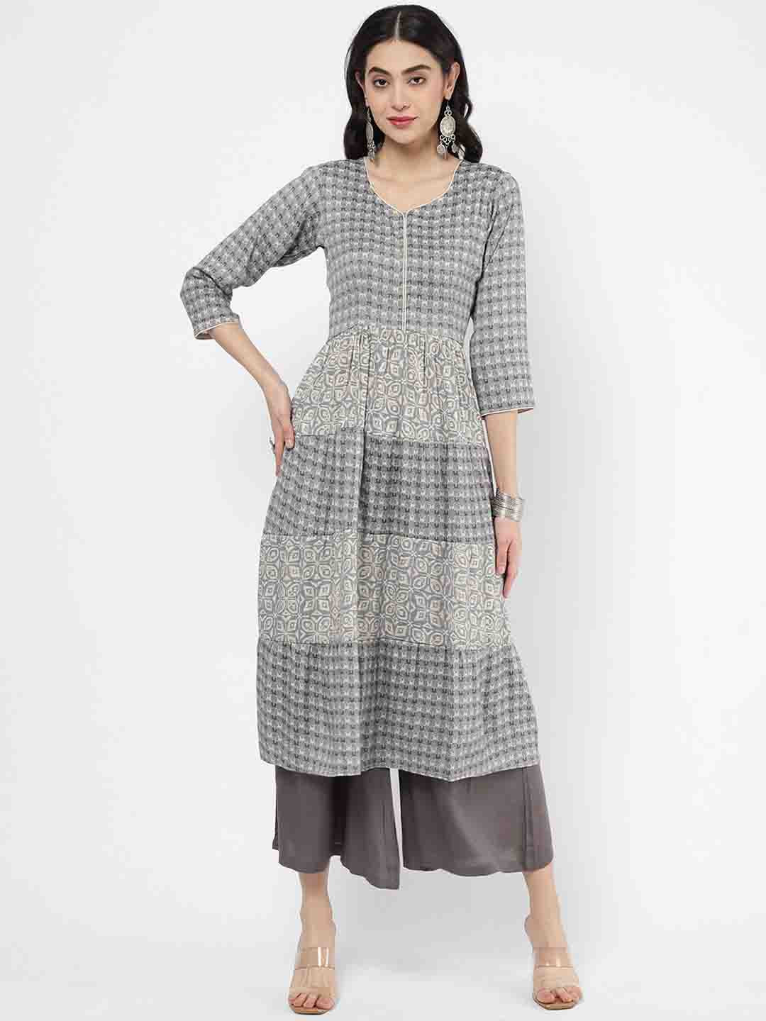 

R&B Stylised Neck Checked Printed Tiering A- Line Cotton Kurta, Grey