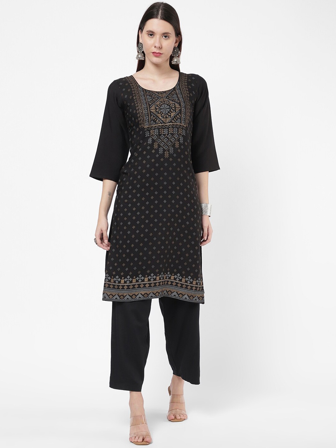 

R&B Ethnic Motifs Embroidered Straight Pure Cotton Kurta, Black