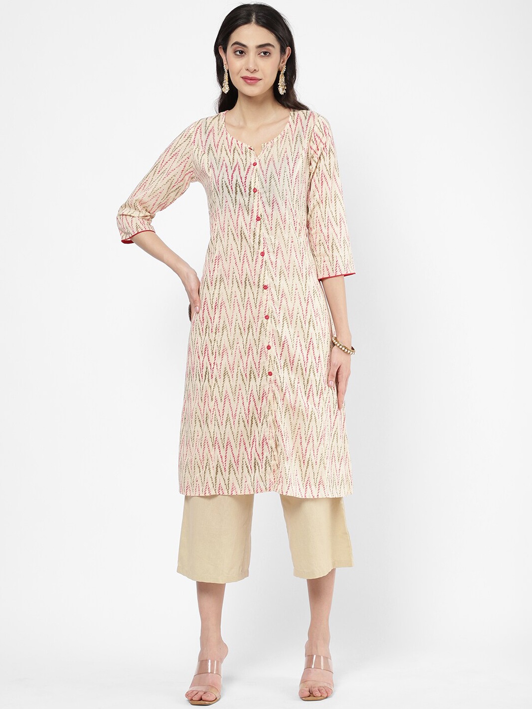 

R&B Women Beige & Pink Chevron Printed Cotton Kurta