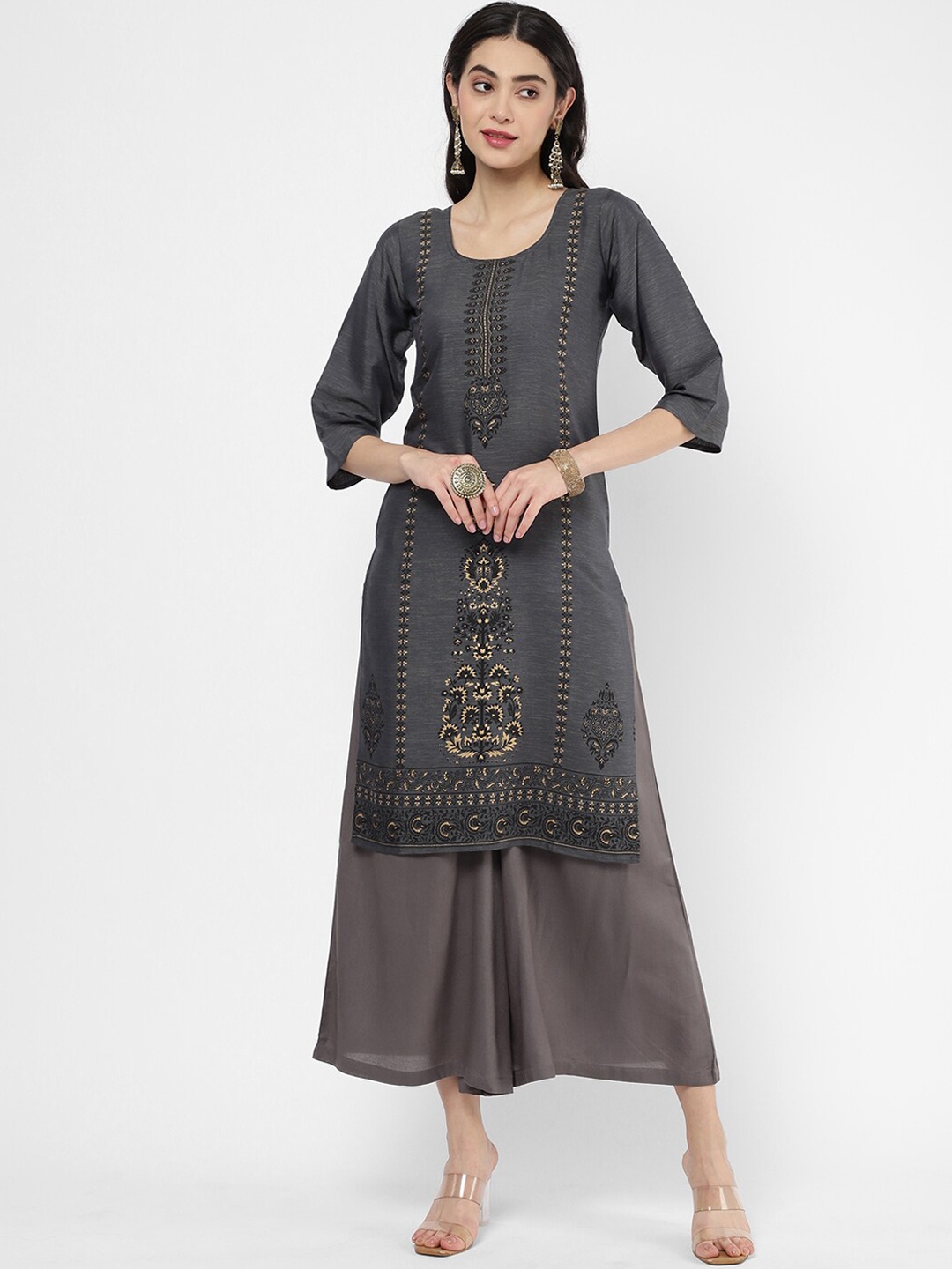 

R&B Women Grey Ethnic Motifs Embroidered Thread Work Cotton Kurta