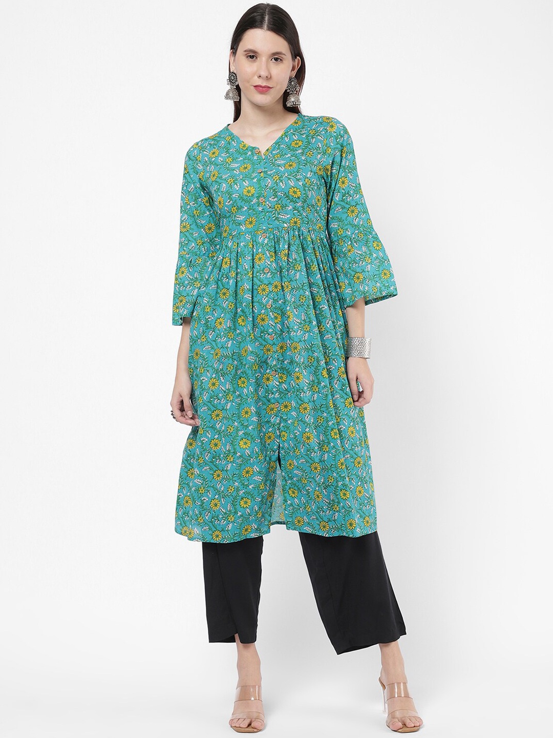 

R&B Ethnic Motifs Printed Flared Sleeves A-Line Pleated Cotton Kurta, Blue