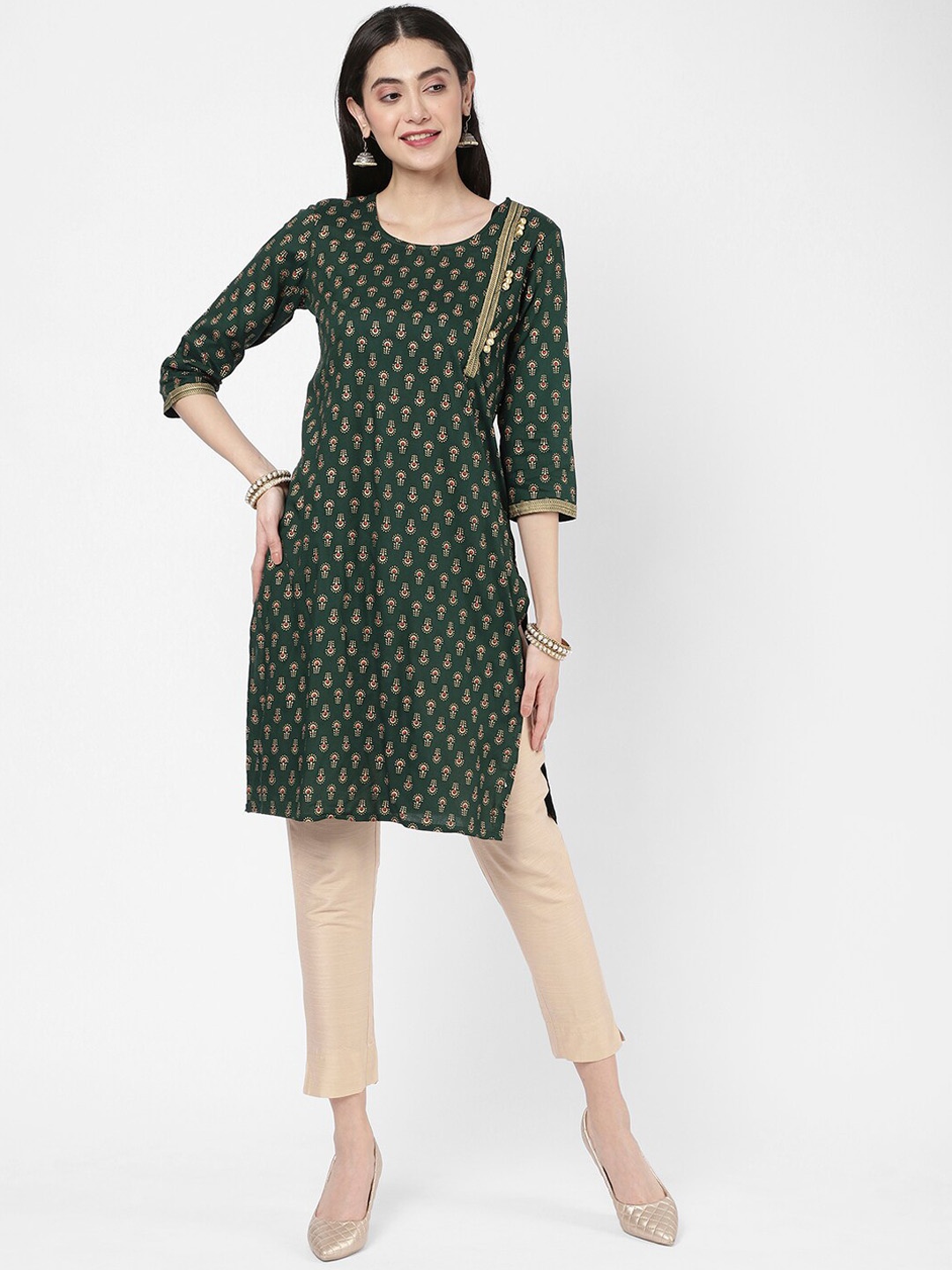 

R&B Ethnic Motifs Printed Straight Regular Cotton Kurta, Green