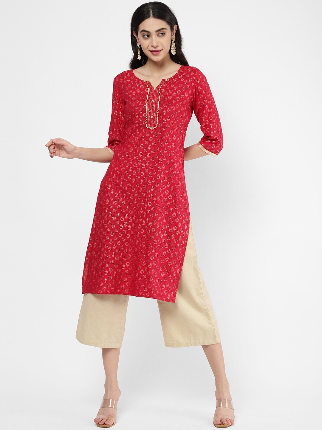 

R&B Ethnic Motifs Printed Straight Regular Cotton Kurta, Maroon