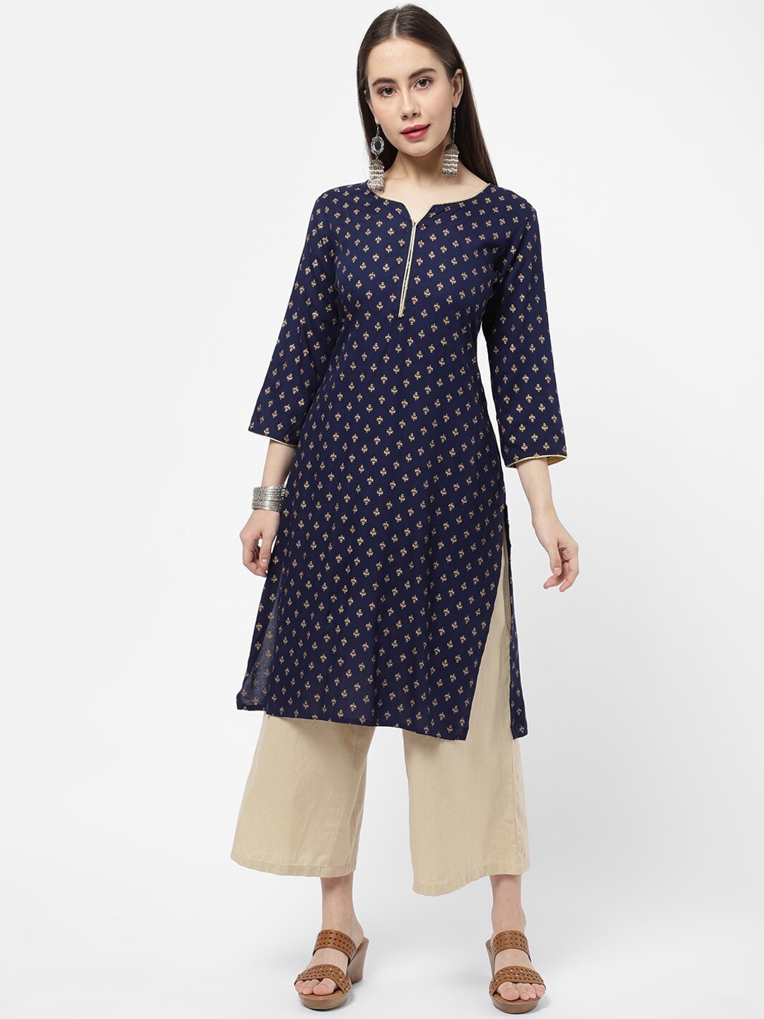 

R&B Ethnic Motifs Printed Straight Regular Cotton Kurta, Navy blue