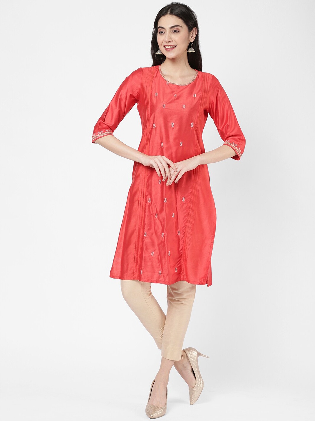 

R&B Ethnic Motifs Embroidered Straight Regular Pure Cotton Kurta, Red