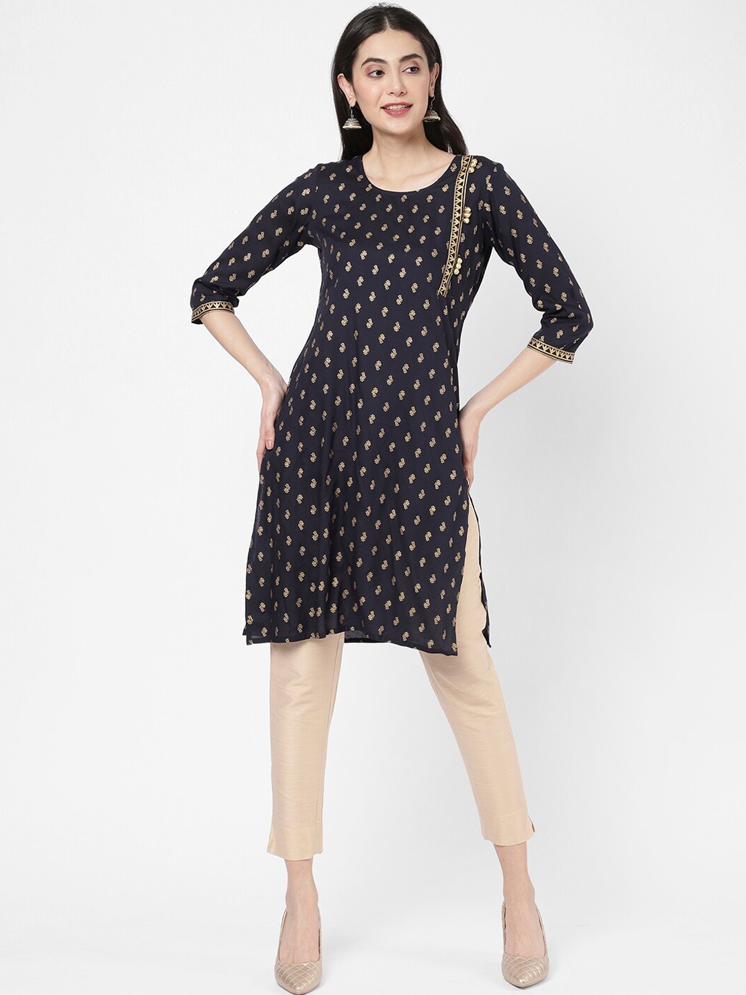 

R&B Ethnic Motifs Printed Straight Regular Cotton Kurta, Navy blue