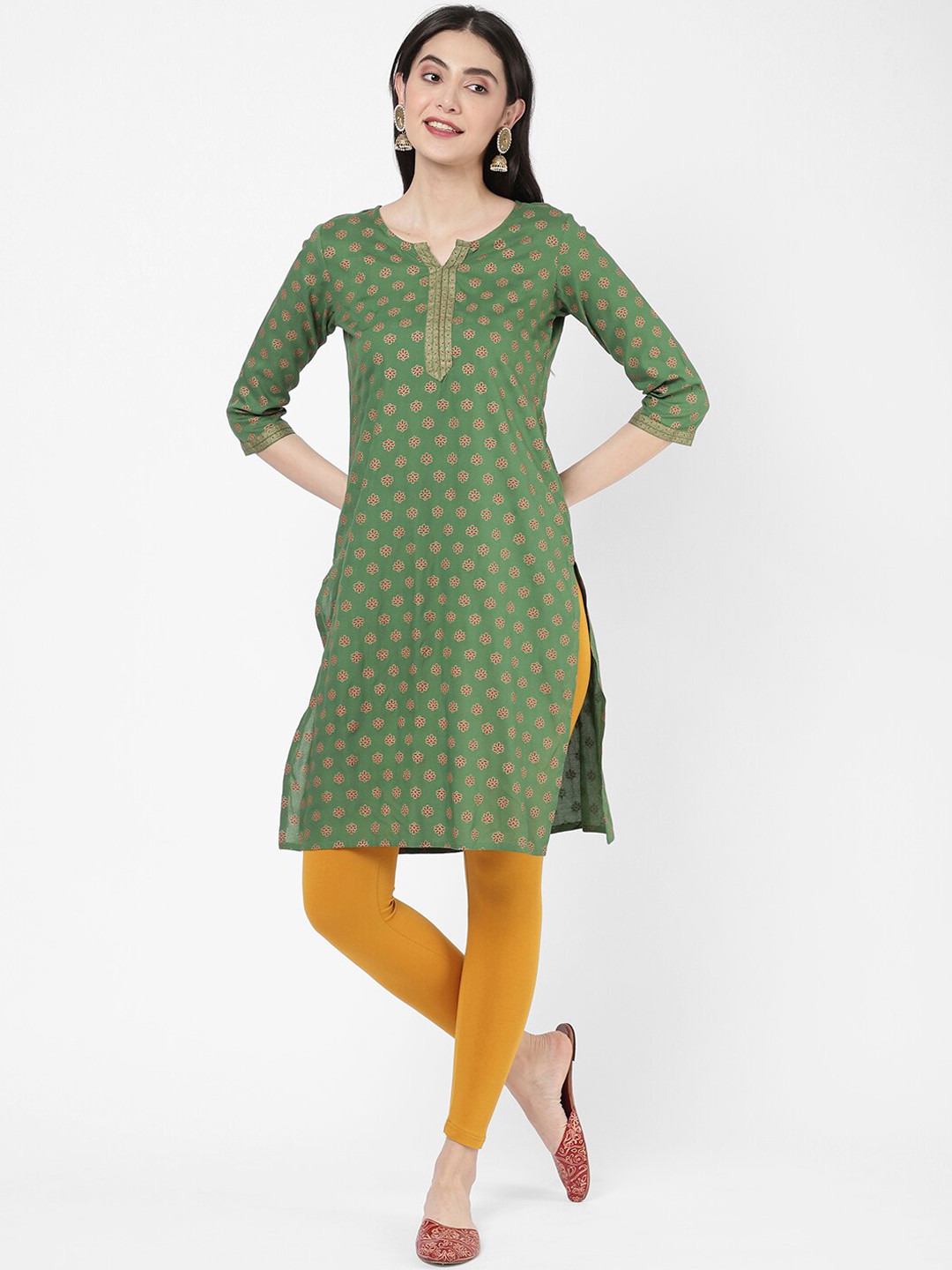 

R&B Floral Printed Straight Regular Cotton Kurta, Green