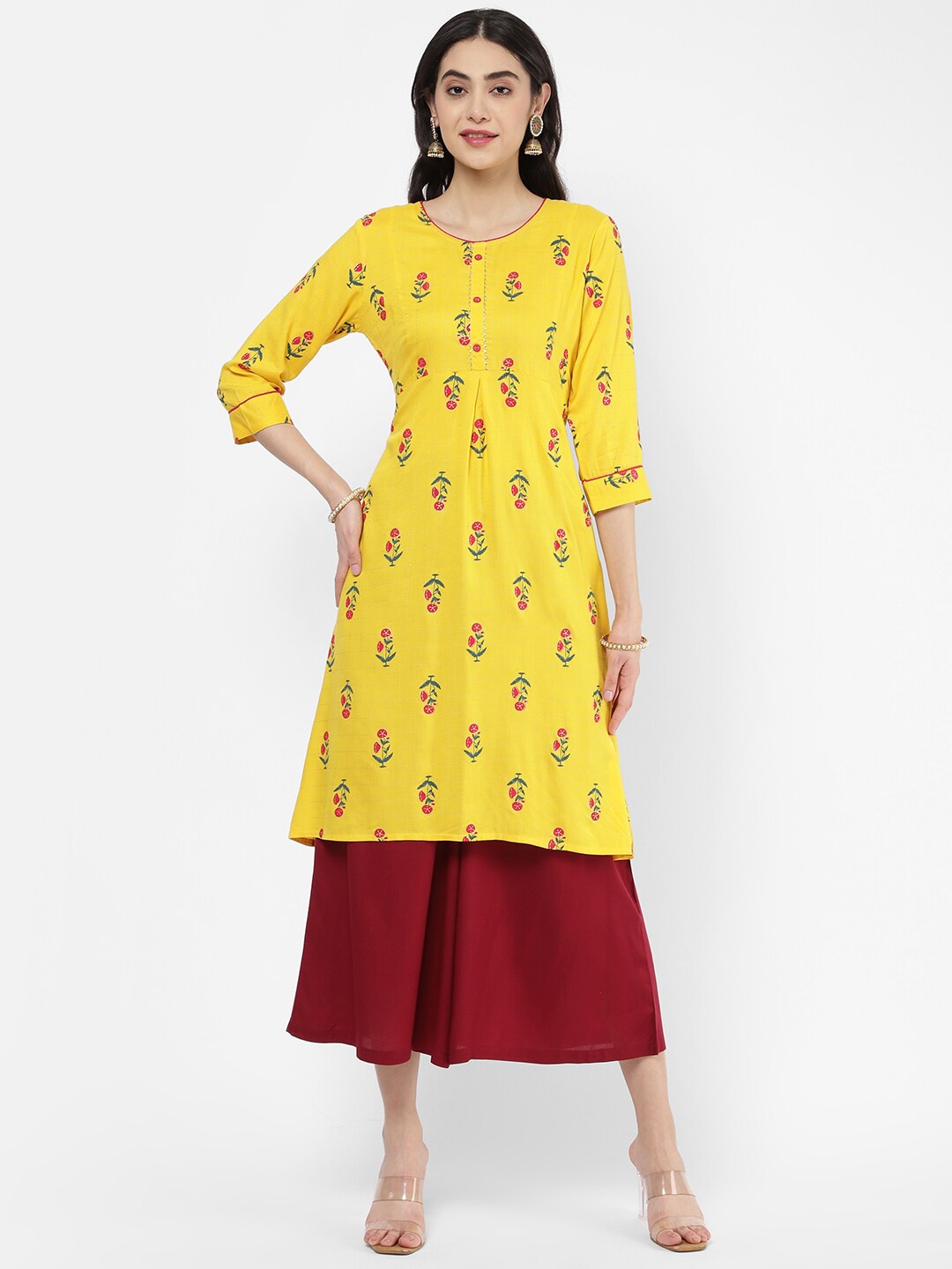 R&B Floral Printed A-Line Regular Cotton Kurta, Yellow