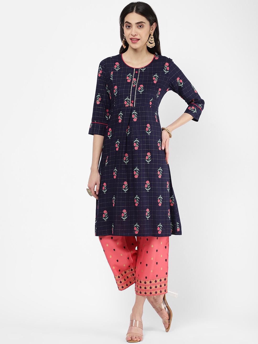 

R&B Floral Printed A-Line Regular Cotton Kurta, Blue