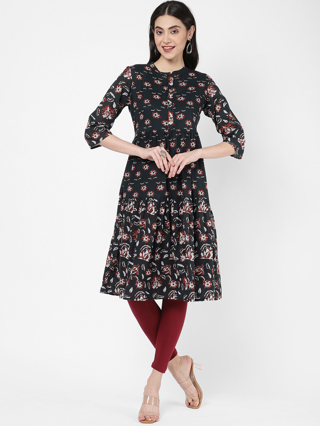 

R&B Floral Printed A-Line Regular Cotton Kurta, Green