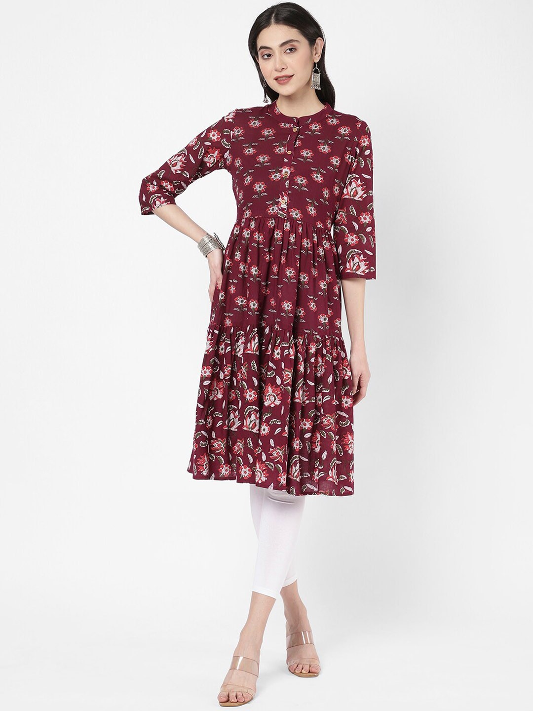 

R&B Floral Printed A-Line Pleated Cotton Kurta, Purple