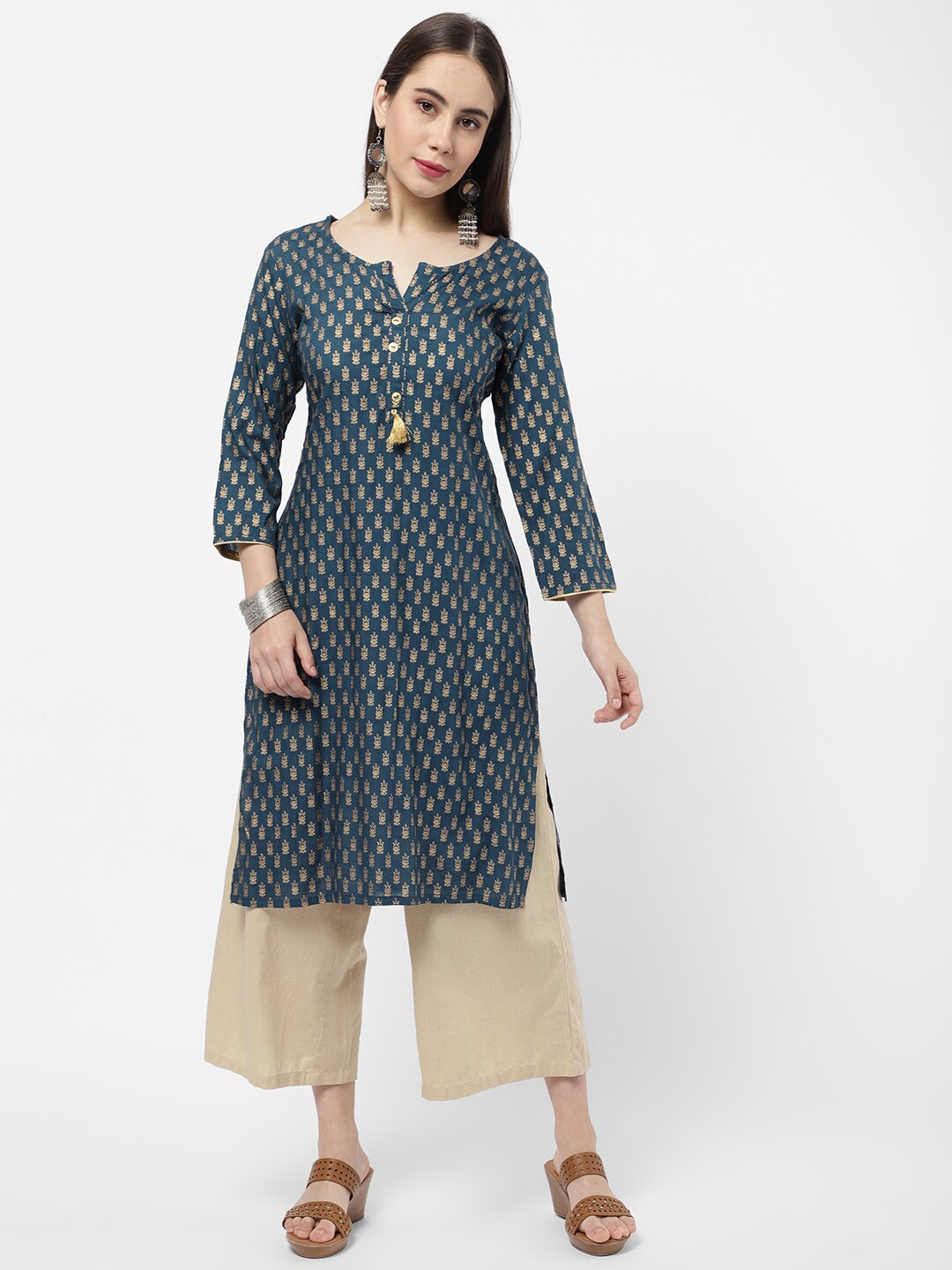 

R&B Women Teal Ethnic Motifs Striped Pure Cotton Kurta