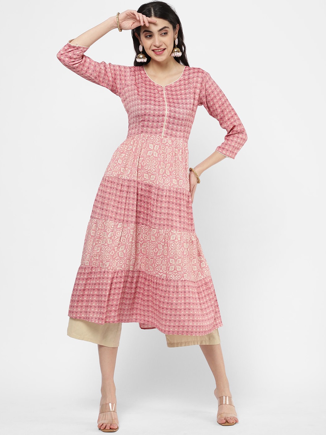 

R&B Women Peach Ethnic Motifs Striped Pure Cotton Anarkali Kurta