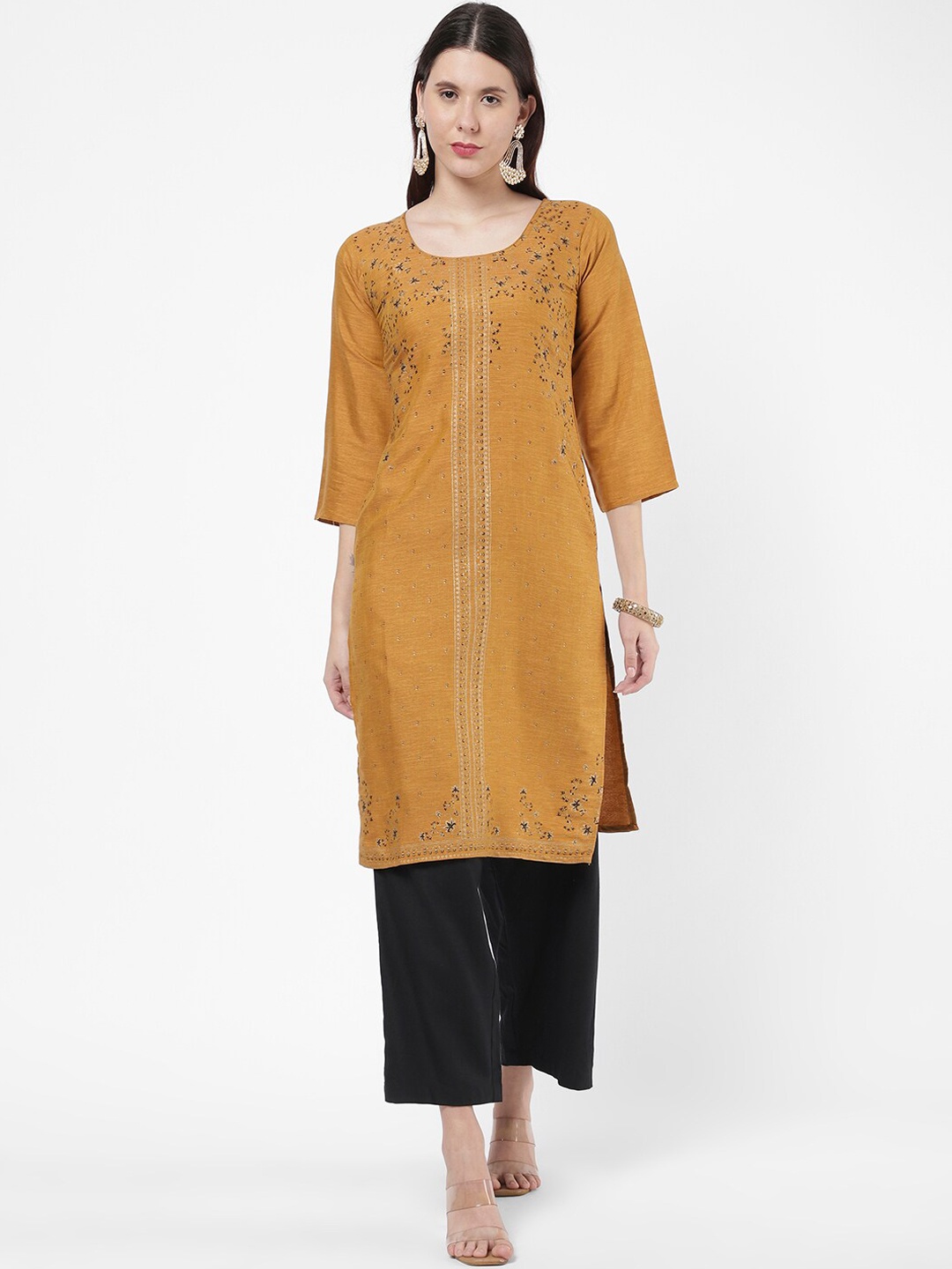 

R&B Women Mustard Yellow Ethnic Motifs Printed Pure Cotton Kurta