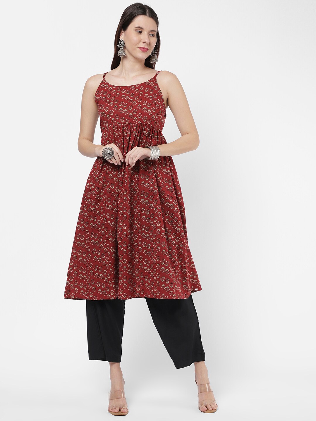 

R&B Ethnic Motifs Printed Anarkali Pure Cotton Kurta, Brown