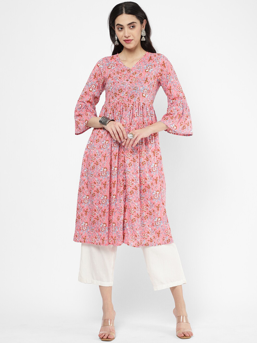 

R&B Women Peach Floral Printed Flared Sleeves Pure Cotton Kurta