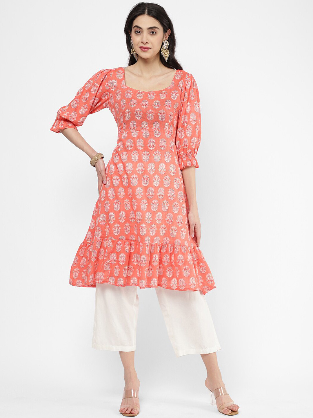 

R&B Women Peach-Coloured Ethnic Motifs Cotton Printed Kurta
