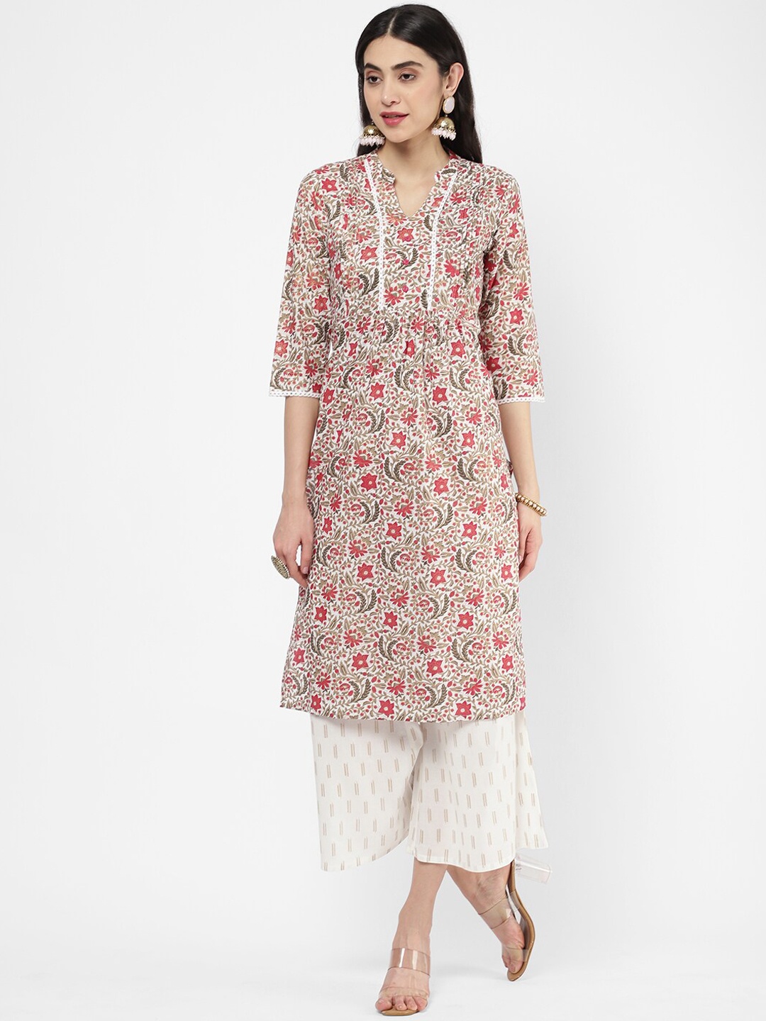 

R&B Women Beige & Pink Floral Printed Cotton Kurta