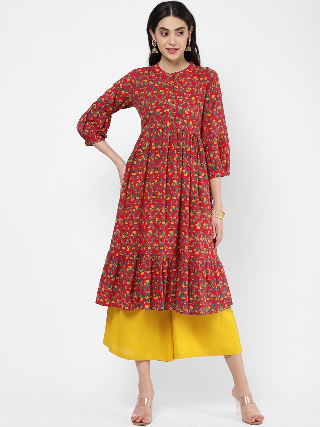 

R&B Women Red & Yellow Ethnic Motifs Cotton Printed Kurta