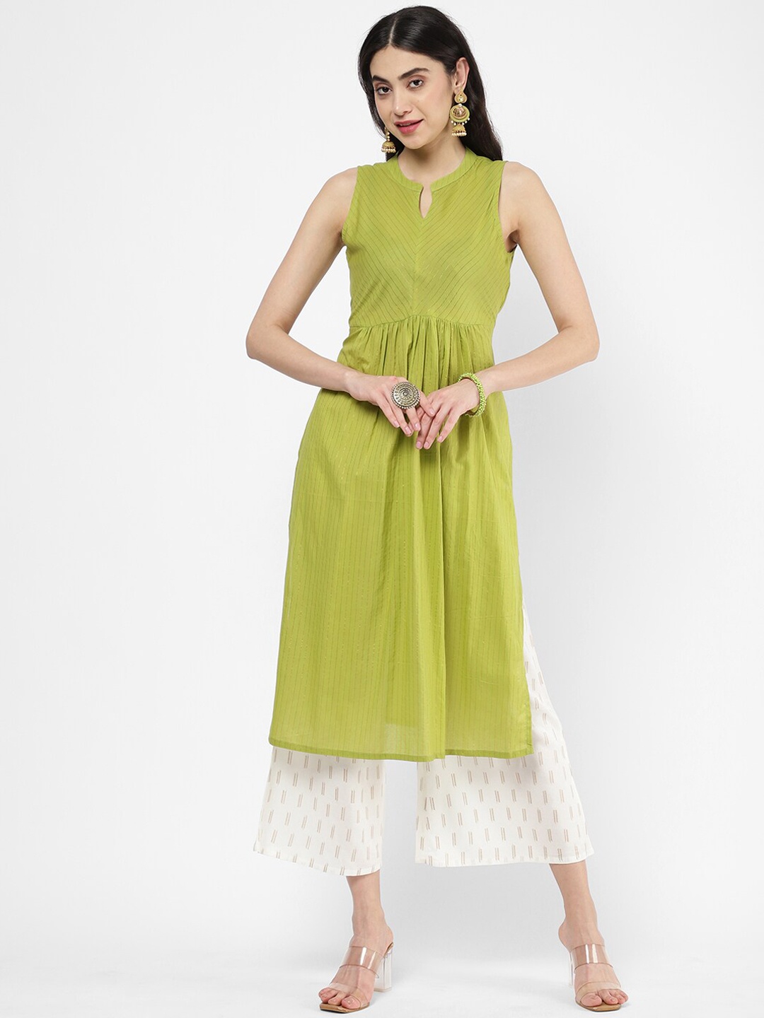 

R&B Women Green Striped Cotton Kurta