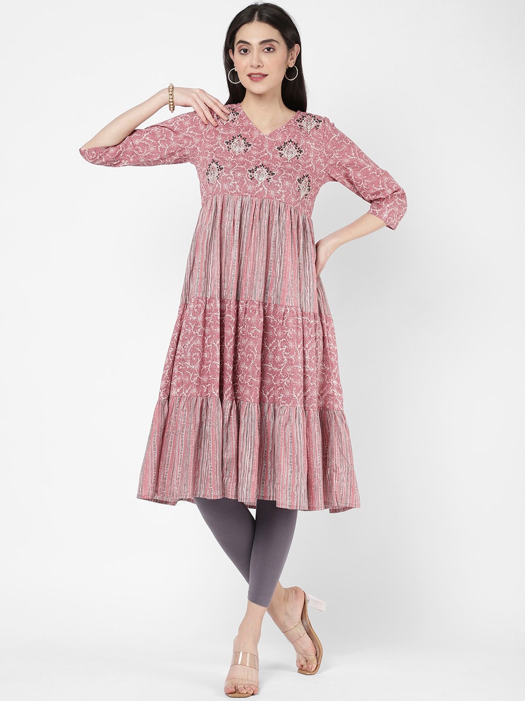 

R&B Women Pink & White Floral Embroidered Thread Work Floral Cotton Anarkali Kurta