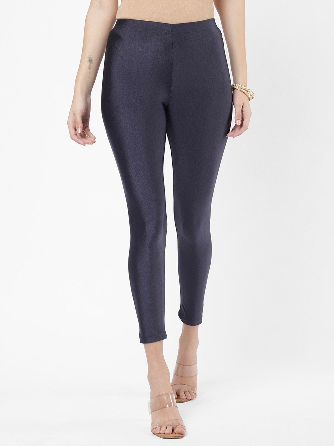 

R&B Women Navy Blue Solid Ankle-Length Leggings