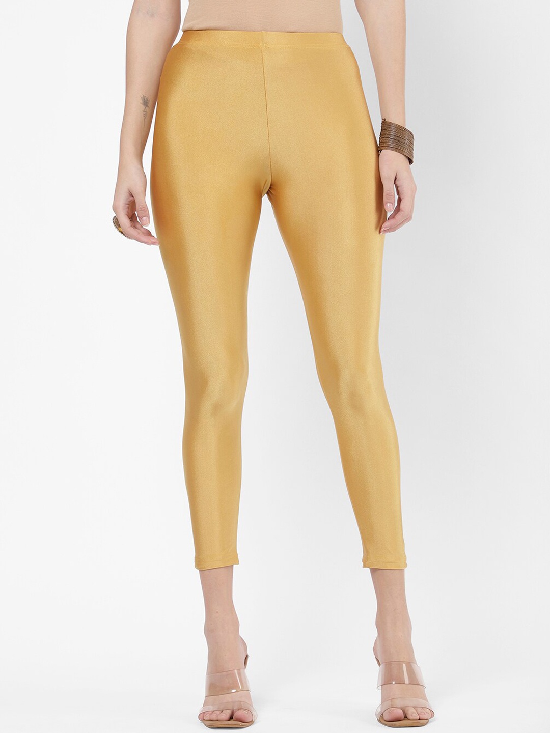 

R&B Women Golden Solid Ankle-Length Leggings, Gold