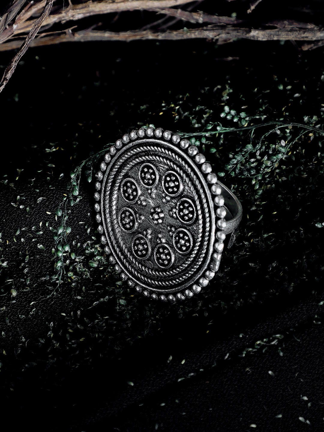 

ZeroKaata Oxidised Silver Plated Floral Brass Adjustable Finger Ring