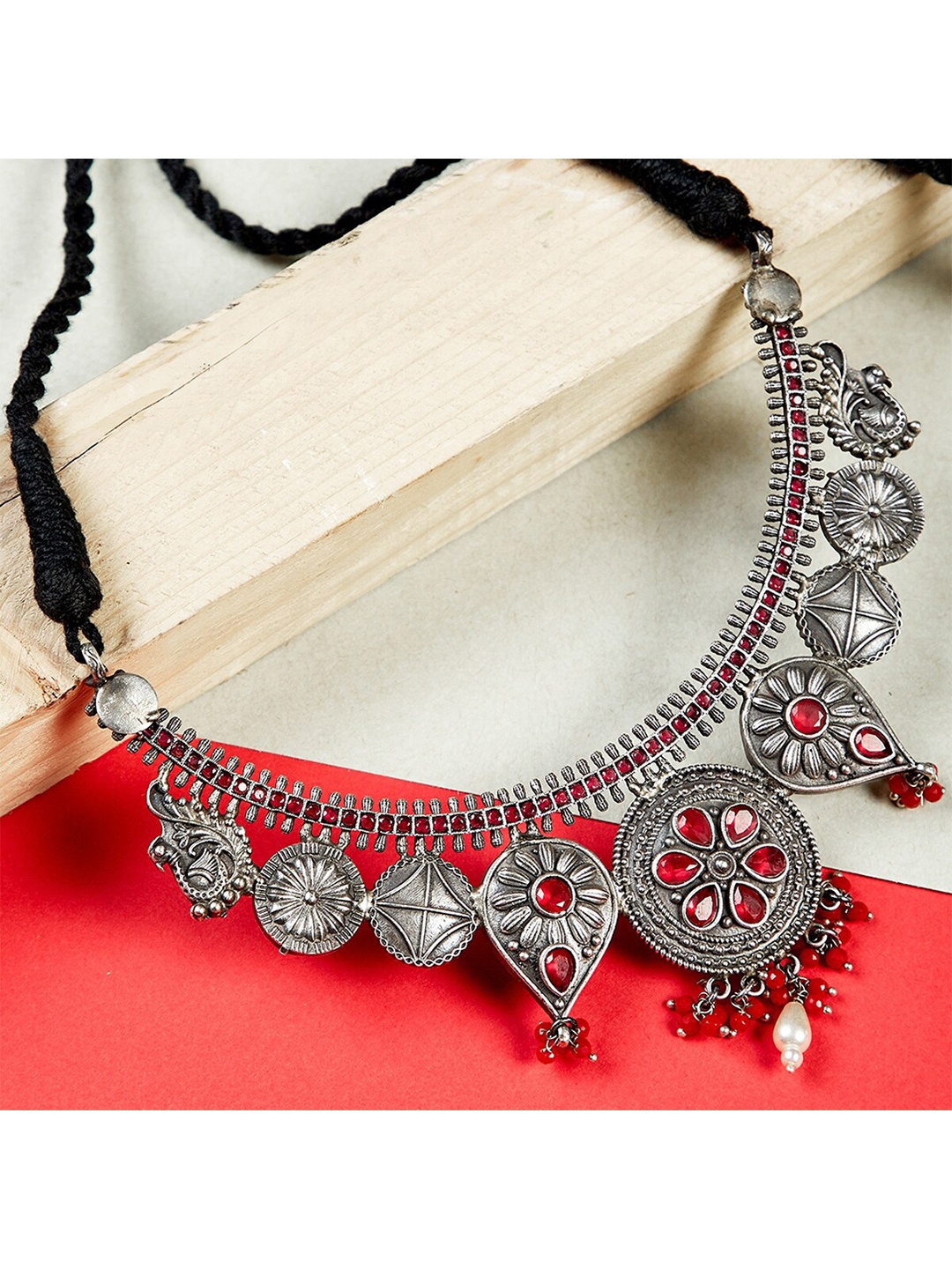 

ZeroKaata Silver-Toned & Red Brass Silver-Plated Oxidised Necklace