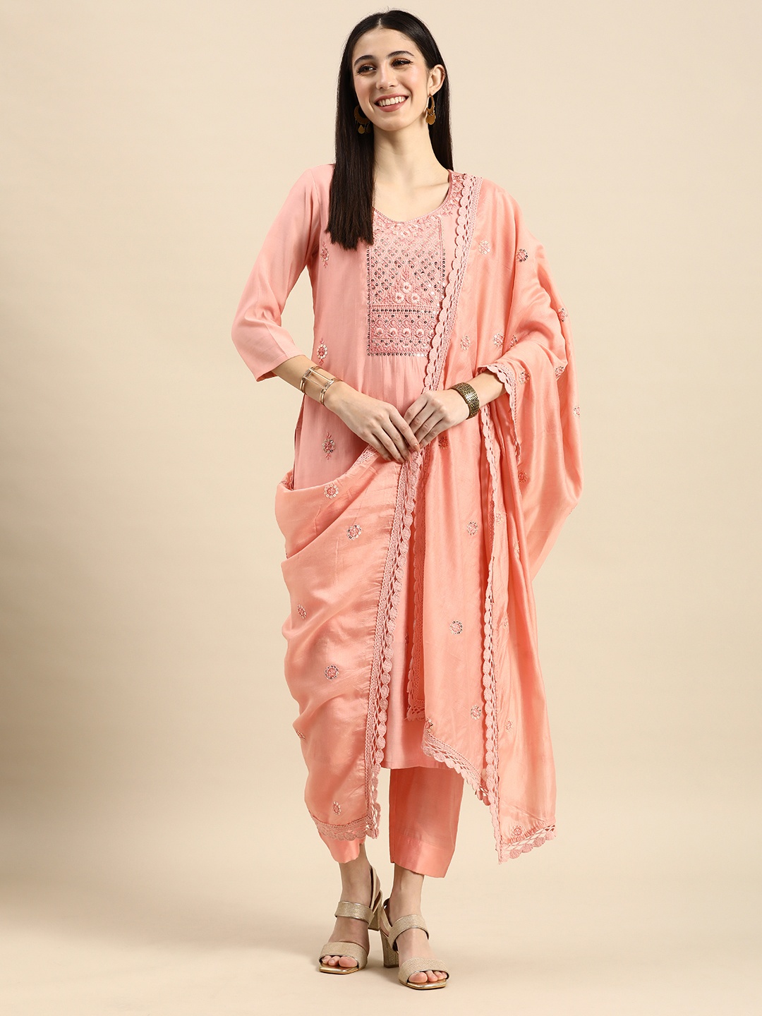 

Anouk Women Peach-Coloured Embroidered Sequinned Kurta with Trousers & With Dupatta