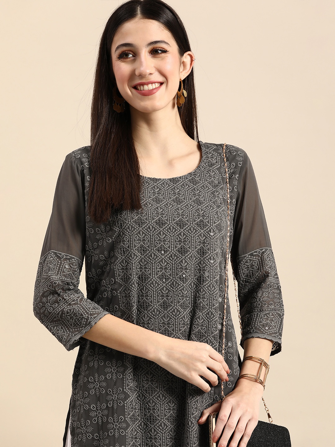 

Anouk Women Ethnic Motifs Chikankari Embroidered Kurta, Grey
