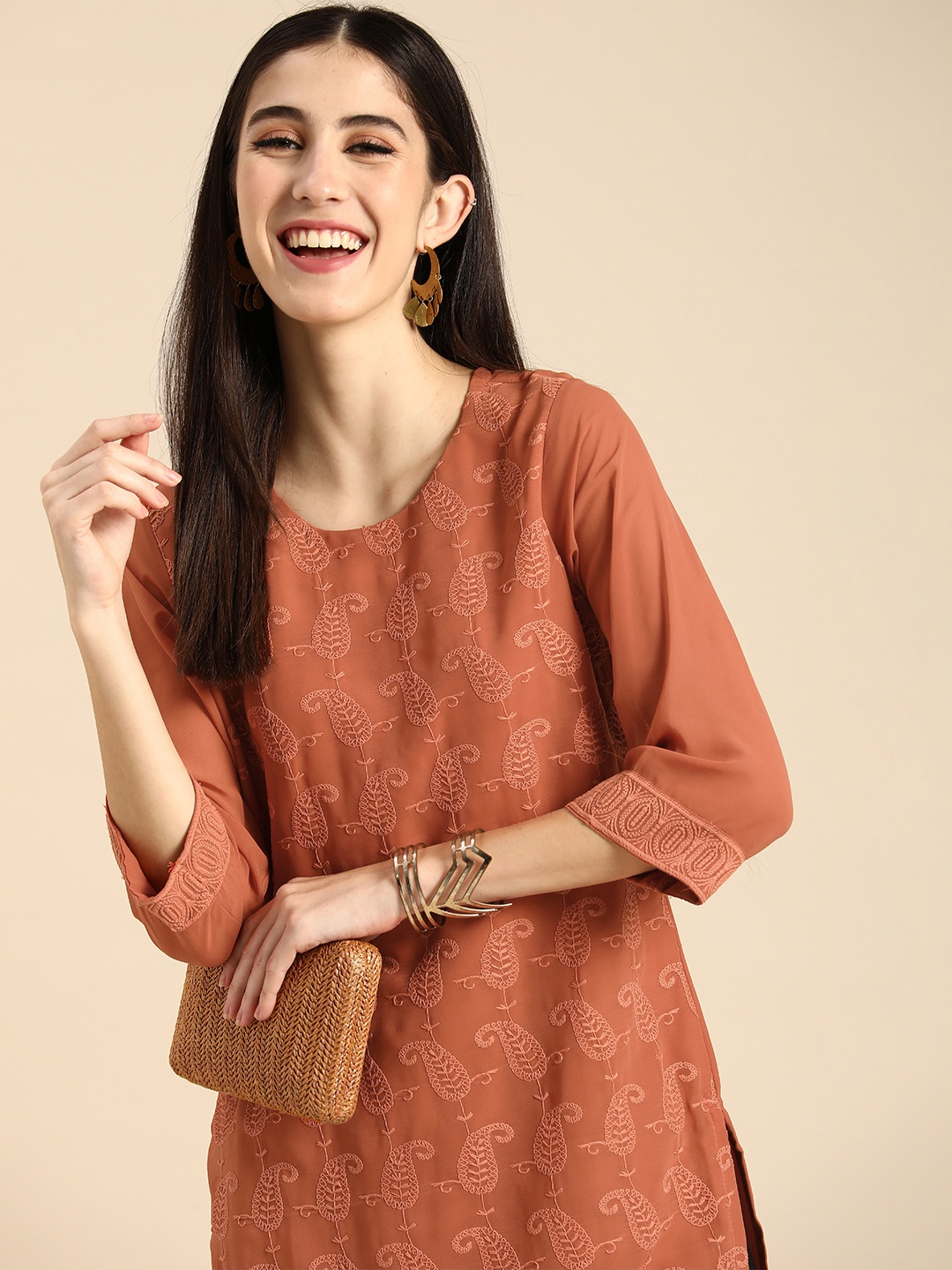 

Anouk Women Ethnic Motifs Embroidered Kurta, Brown