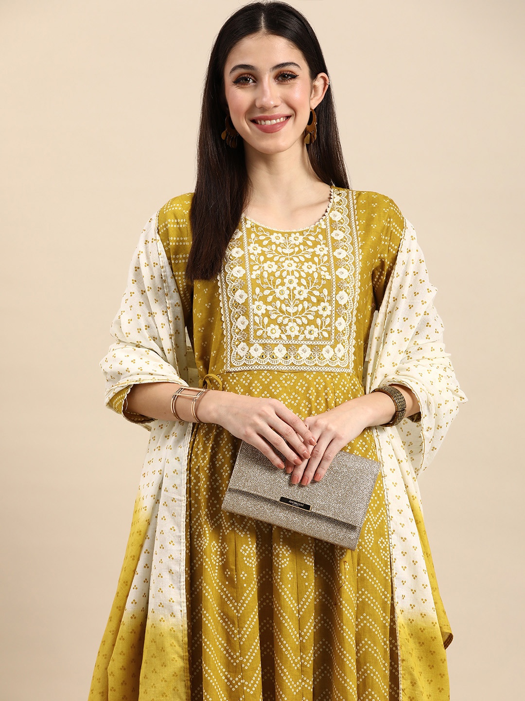 

Anouk Women Mustard Yellow Embroidered Pure Cotton Kurta With Trousers & With Dupatta