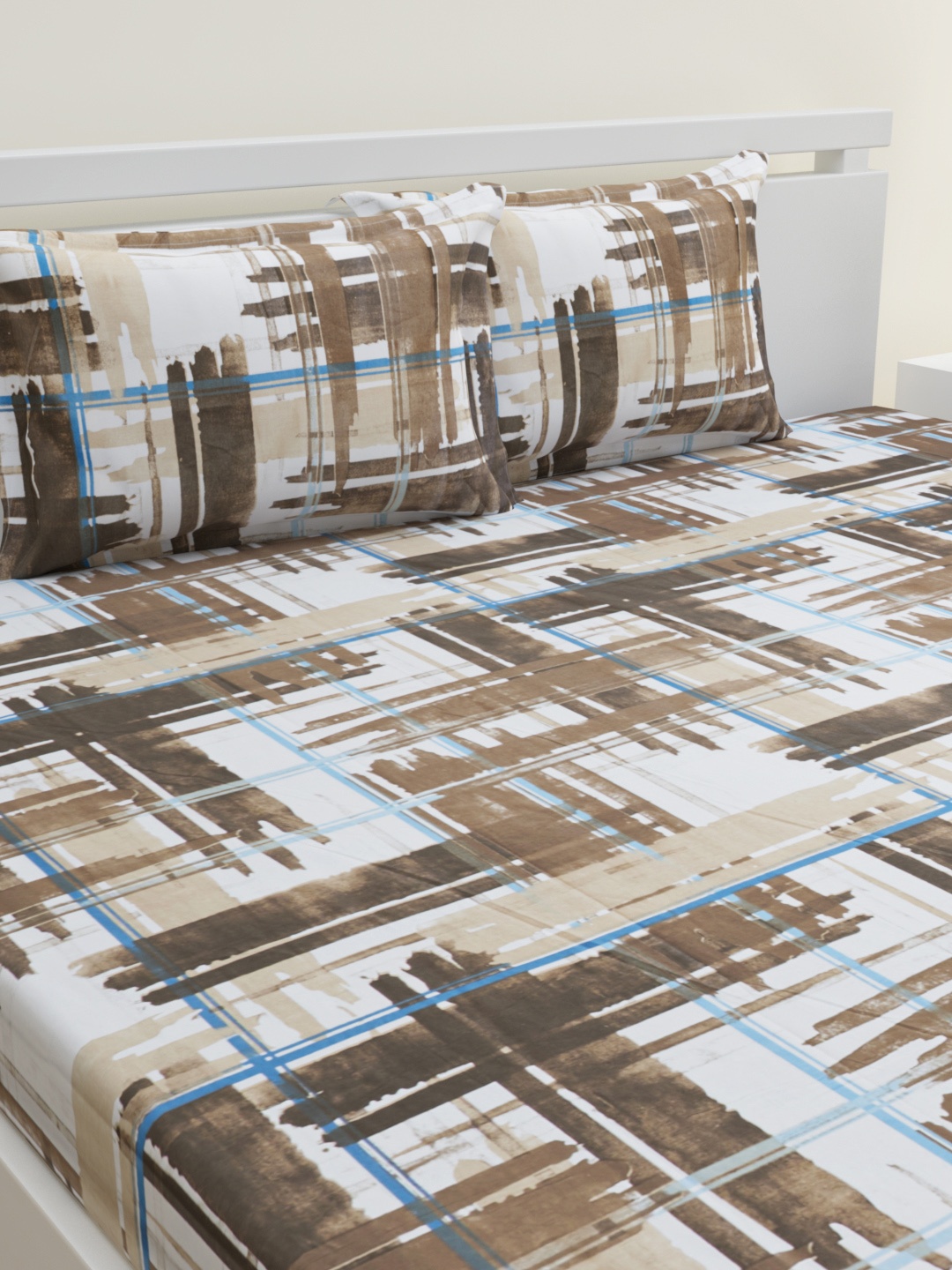 

HOME AFFAIRS White & Brown 144 TC Pure Cotton Queen Bedsheet with 2 Pillow Covers
