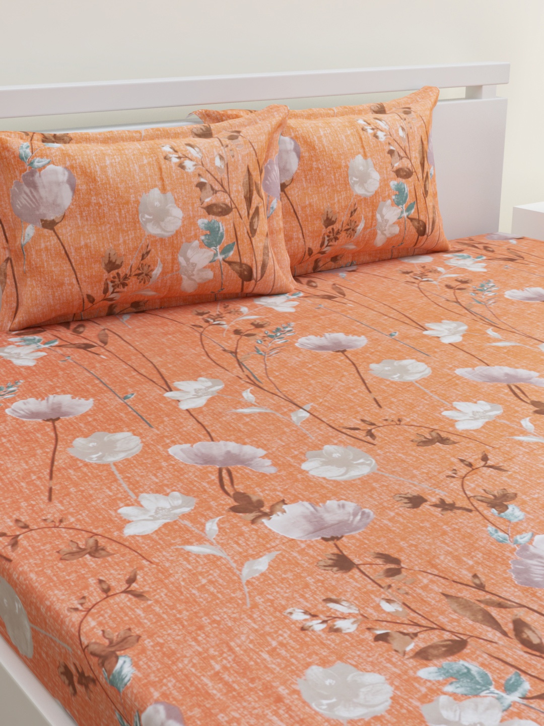 

HOME AFFAIRS Orange & Grey Floral 144 TC Pure Cotton Queen Bedsheet with 2 Pillow Covers