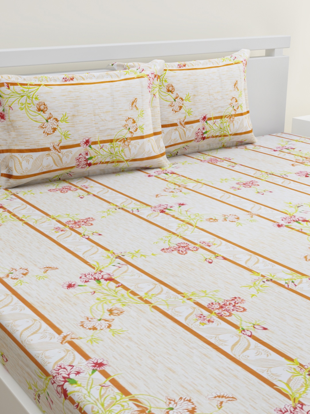 

HOME AFFAIRS Cream & Pink Floral 144 TC Pure Cotton Queen Bedsheet with 2 Pillow Covers