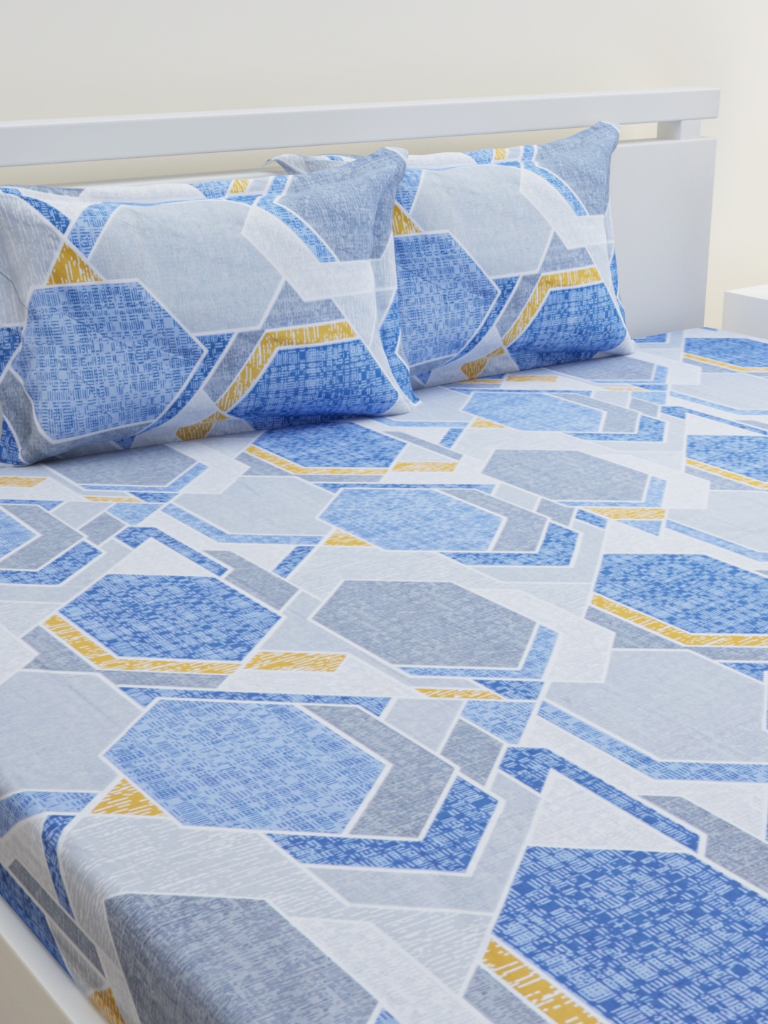 

HOME AFFAIRS Blue & Yellow 144 TC Pure Cotton Queen Bedsheet with 2 Pillow Covers