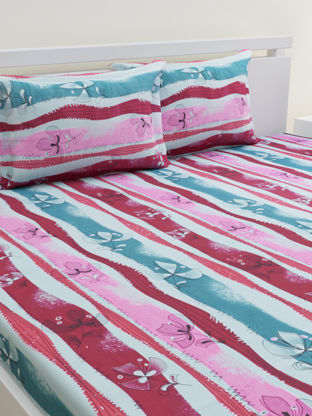 

HOME AFFAIRS Pink & Blue Floral 144 TC Pure Cotton Queen Bedsheet with 2 Pillow Covers