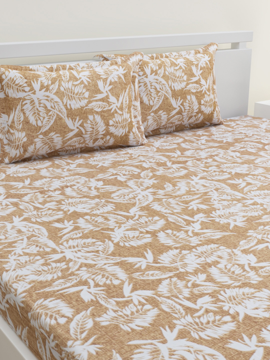 

HOME AFFAIRS Beige & White Floral 144 TC Pure Cotton Queen Bedsheet with 2 Pillow Covers