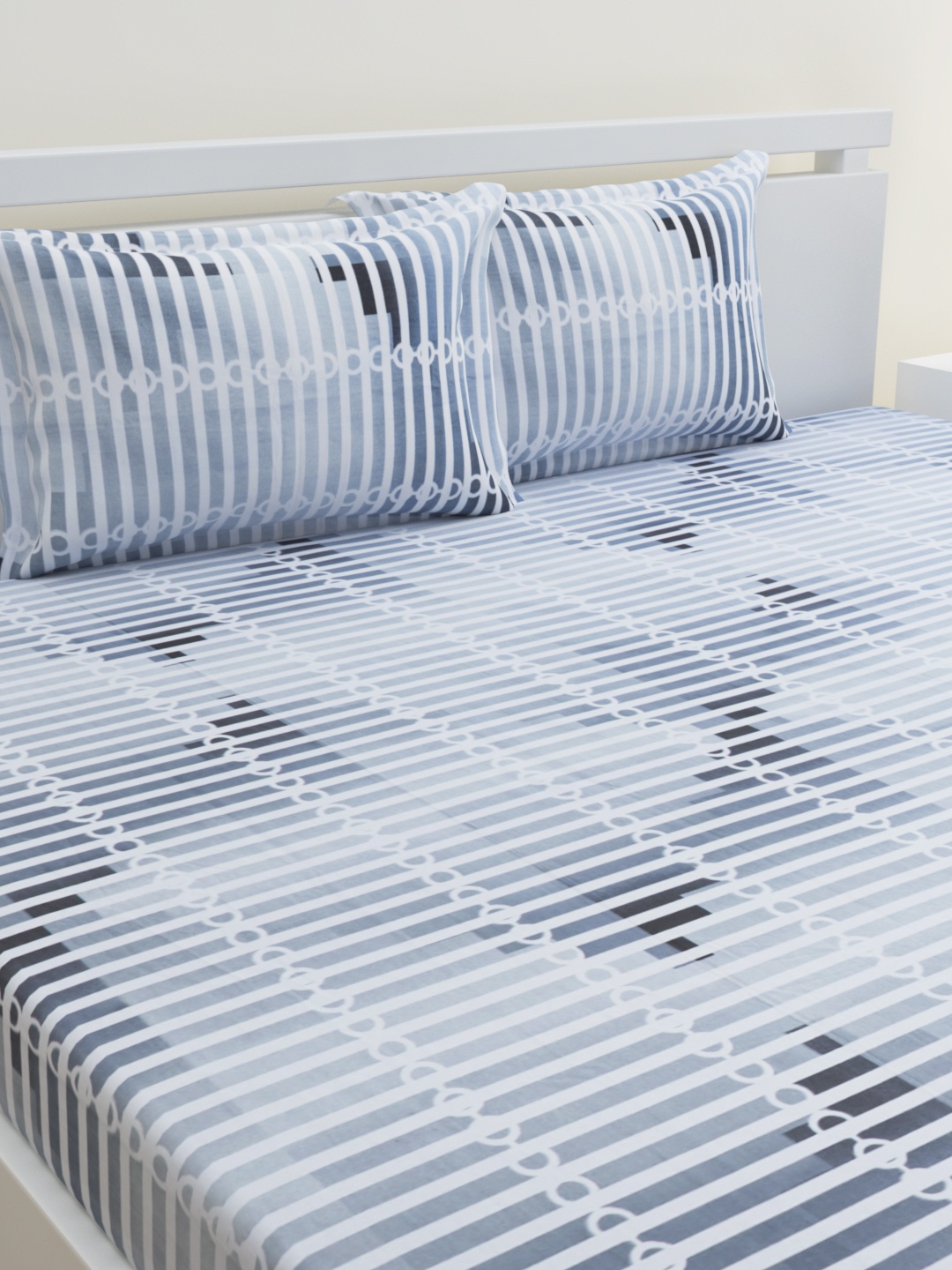 

HOME AFFAIRS Blue & Off White 144 TC Pure Cotton Queen Bedsheet with 2 Pillow Covers