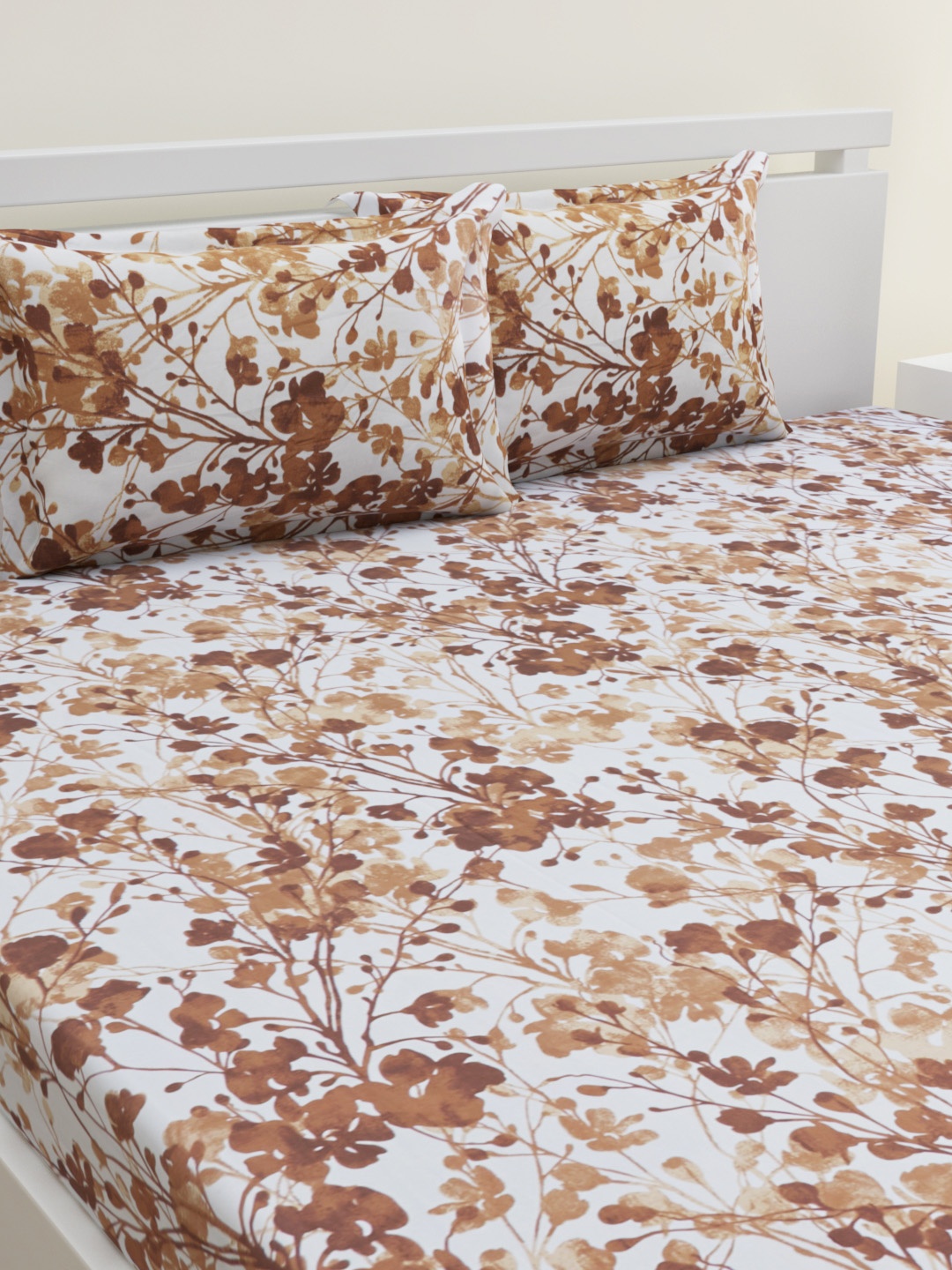 

HOME AFFAIRS White & Beige Floral 144 TC Pure Cotton Queen Bedsheet with 2 Pillow Covers