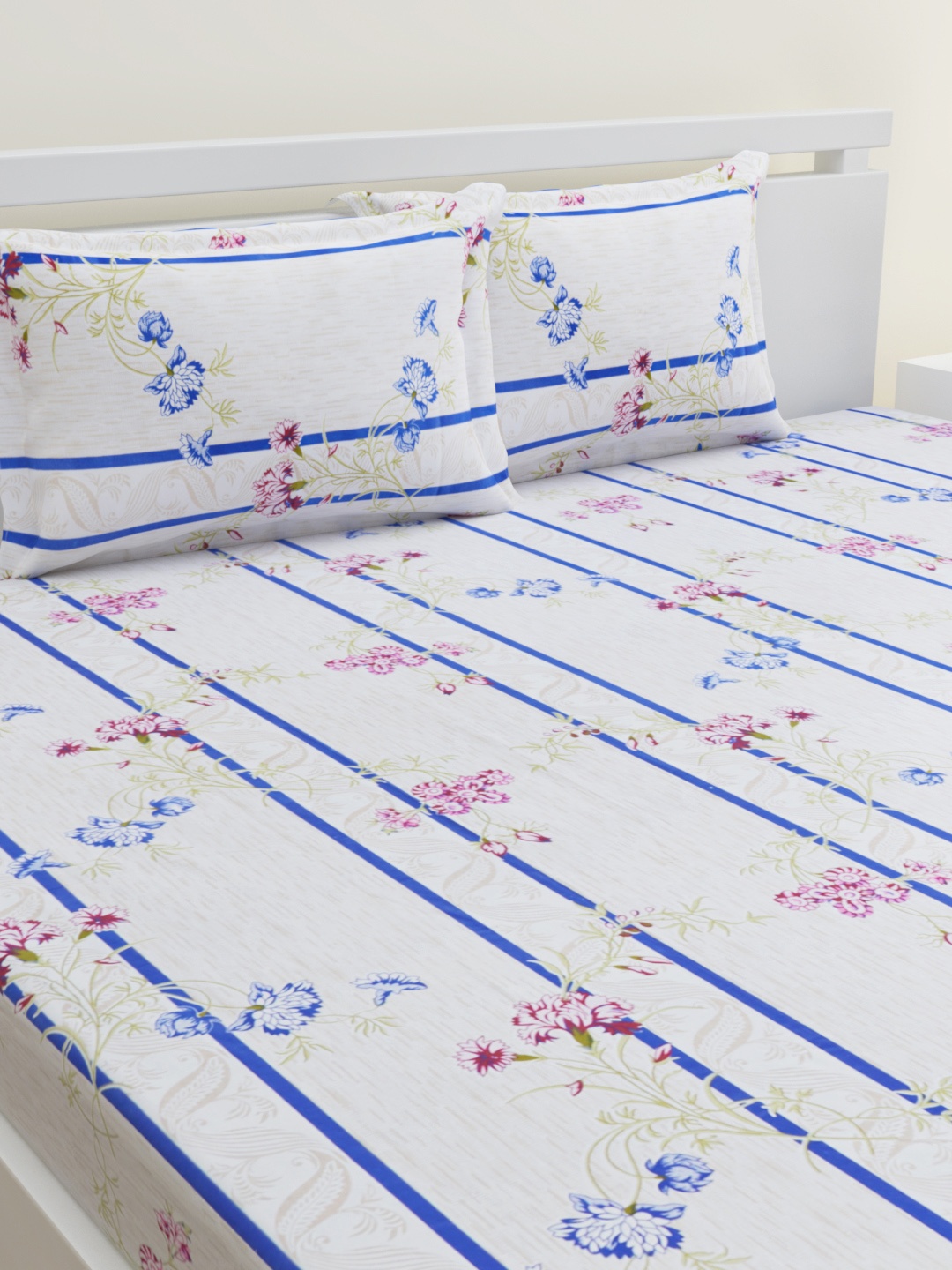 

HOME AFFAIRS White & Blue Floral 144 TC Pure Cotton Queen Bedsheet with 2 Pillow Covers