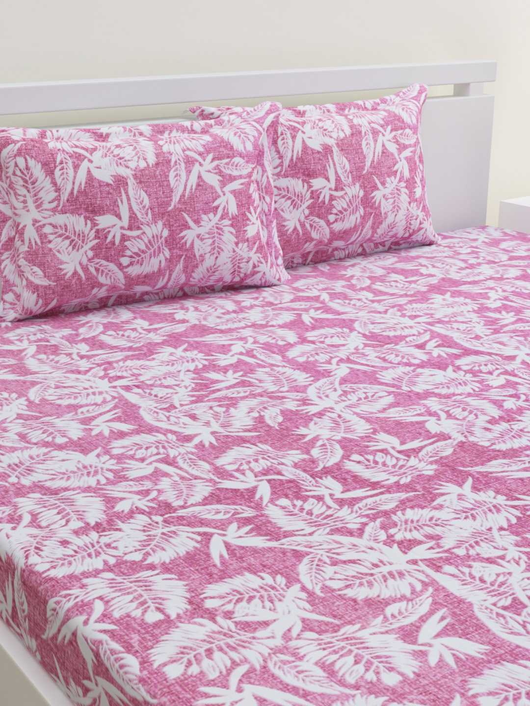 

HOME AFFAIRS Pink & White Floral Pure Cotton 144 TC Queen Bedsheet with 2 Pillow Covers