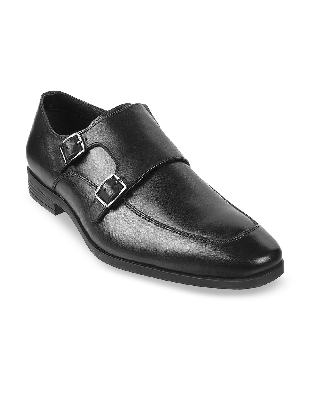 

Metro Men Black Solid Leather Formal Monk Shoes