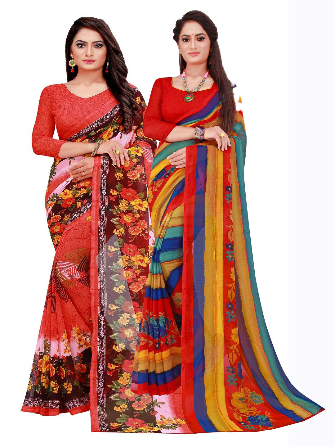 

Silk Bazar Red & Yellow Floral Pure Georgette Saree
