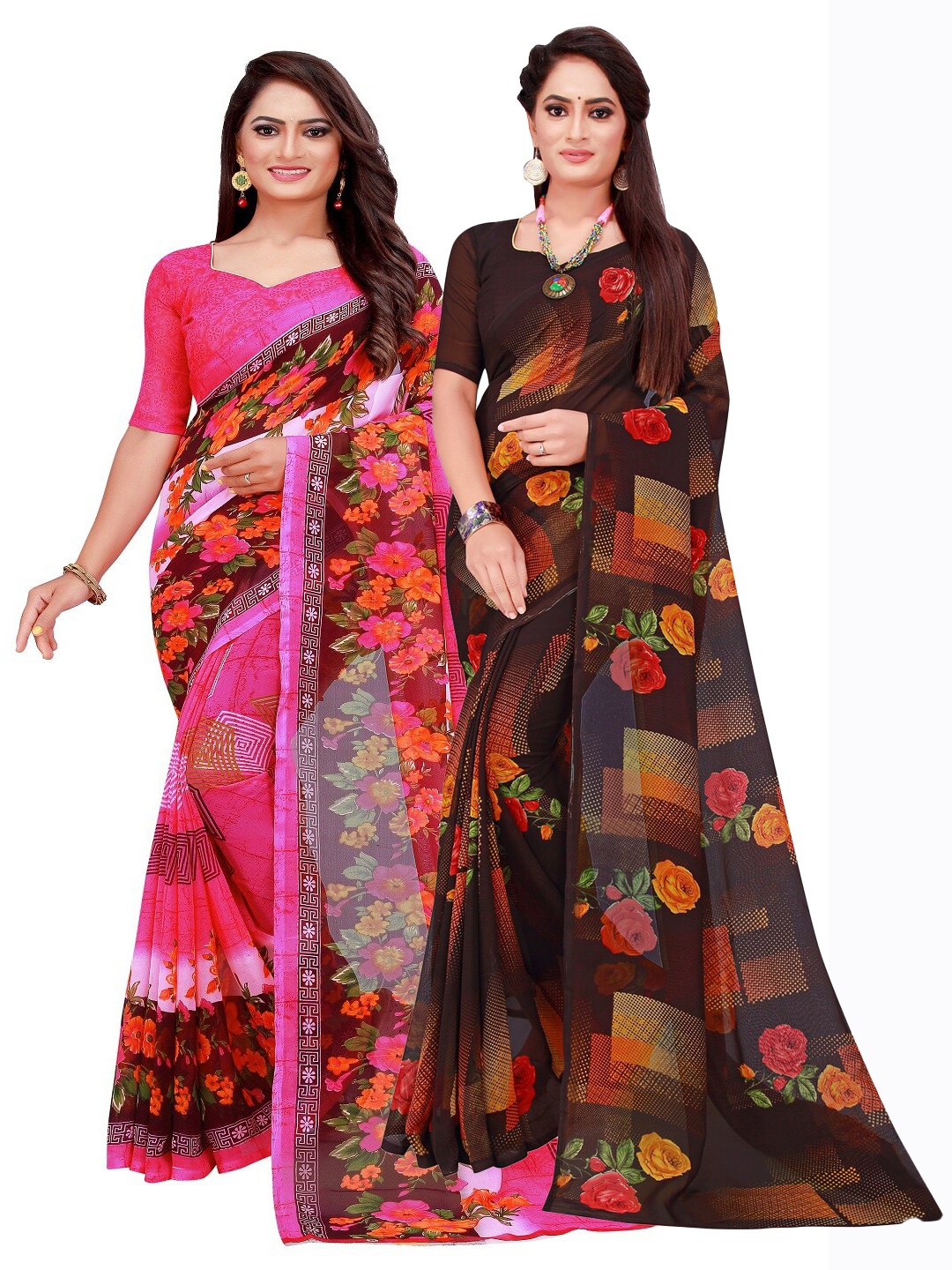 

Silk Bazar Pack Of 2 Floral Pure Georgette Saree, Pink