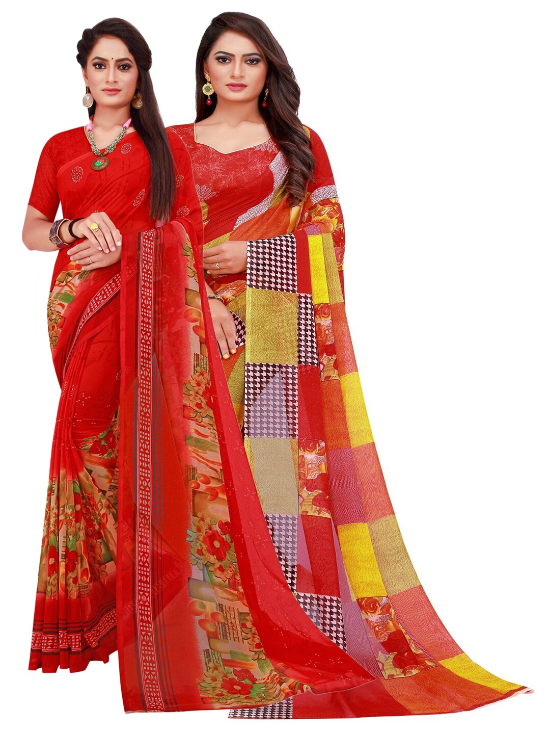 

Silk Bazar Pack Of 2 Red & Yellow Printed Pure Georgette Saree