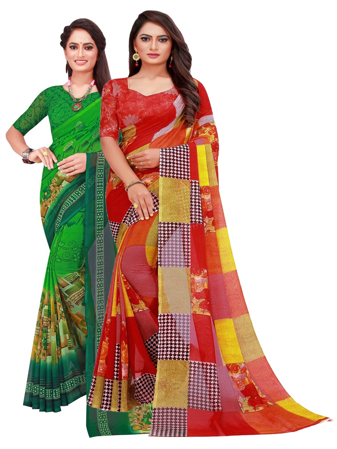 

Silk Bazar Pack Of 2 Red & Green Pure Georgette Saree
